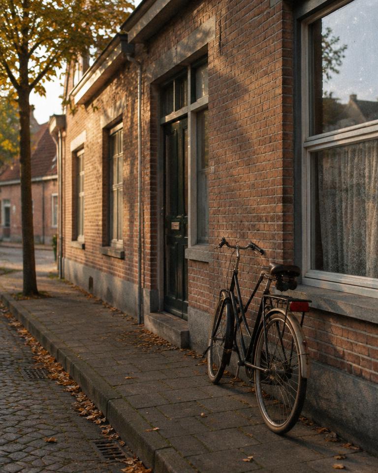 Een oude fiets tegen een bakstenen rijhuis