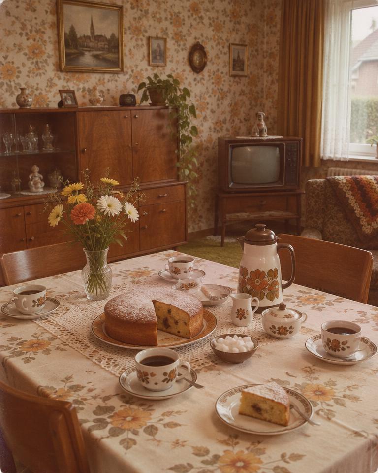 Een feesttafel met taart en koffie, in de woonkamer van vroeger